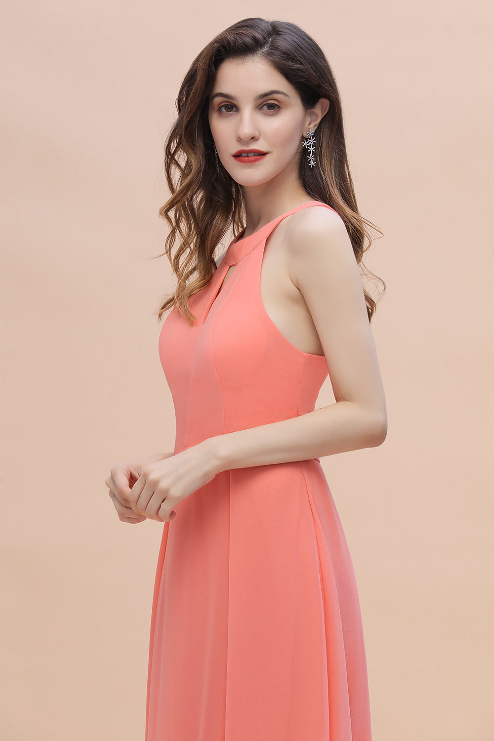 Simple Jewel Sleeveless Coral Chiffon Bridesmaid Dresses