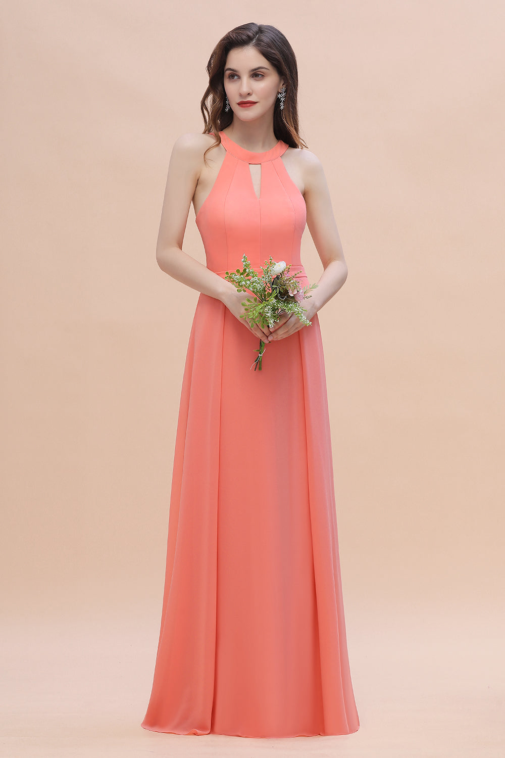 Simple Jewel Sleeveless Coral Chiffon Bridesmaid Dresses