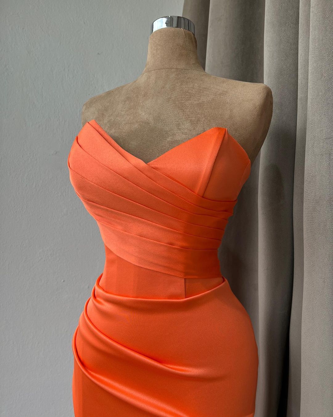 Beautiful Mermaid Orange Strapless Satin Prom Dress With Slit