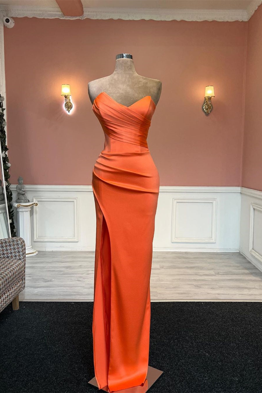 Beautiful Mermaid Orange Strapless Satin Prom Dress With Slit