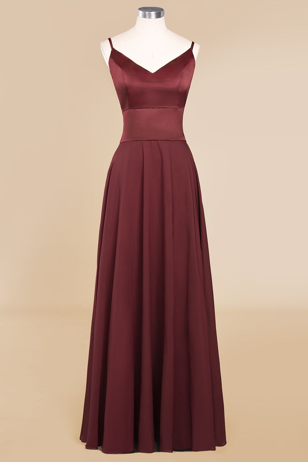 Simple Satin Chiffon Spaghetti-Straps Burgundy Long Bridesmaid Dresses