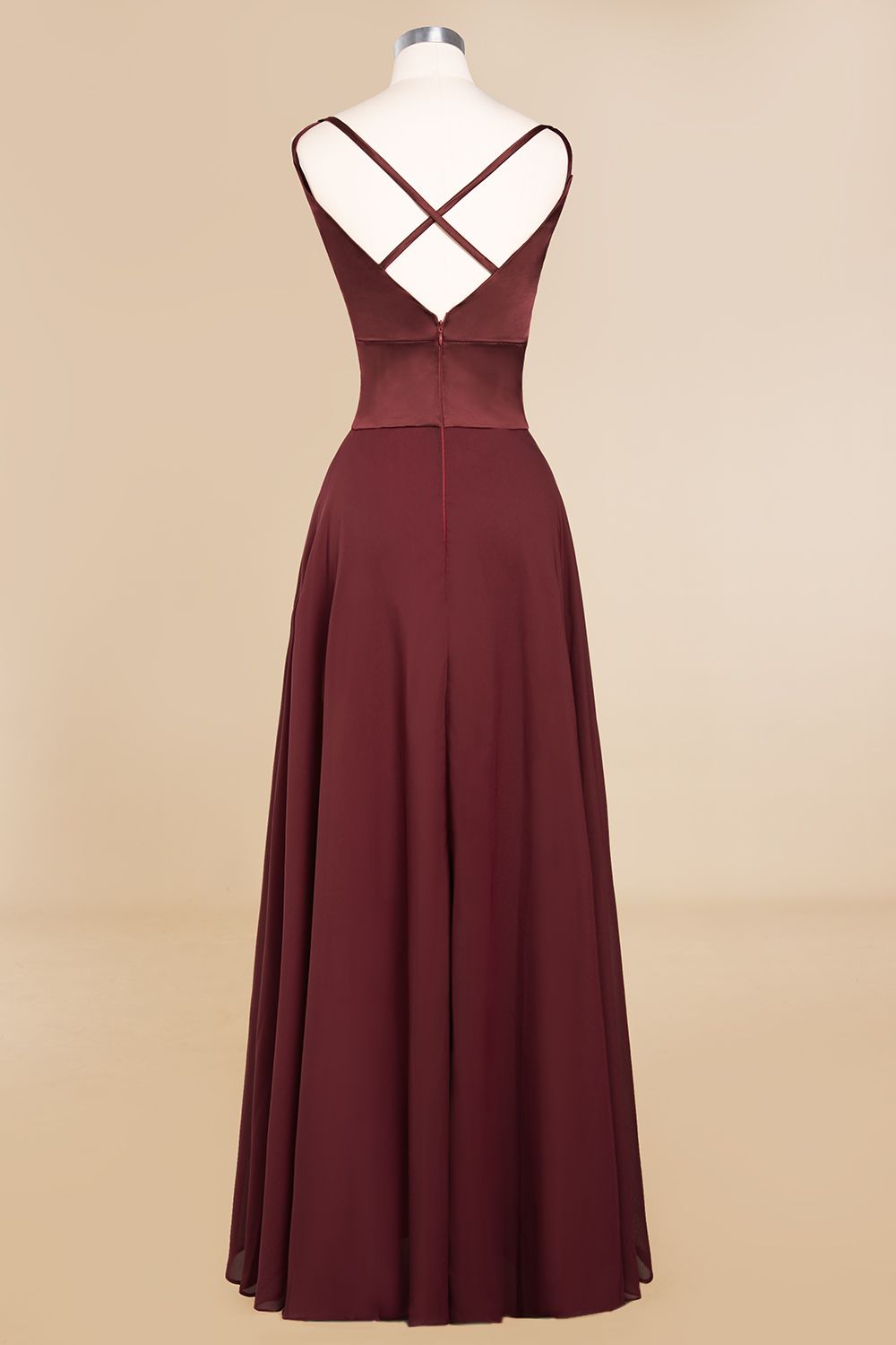 Simple Satin Chiffon Spaghetti-Straps Burgundy Long Bridesmaid Dresses