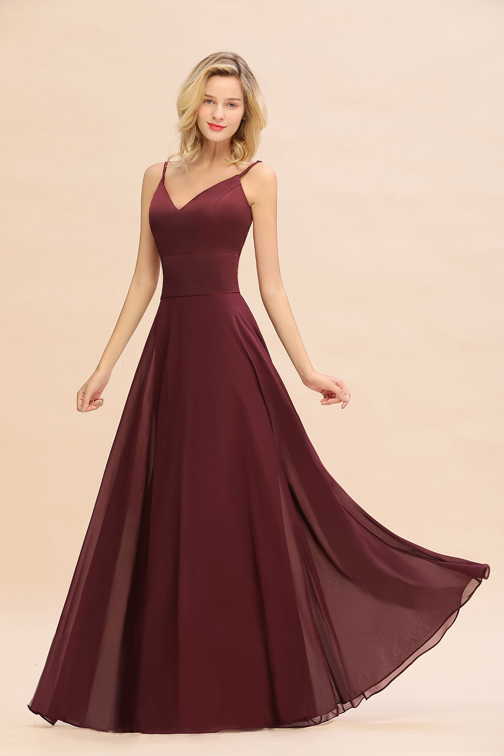 Simple Satin Chiffon Spaghetti-Straps Burgundy Long Bridesmaid Dresses - Fashionpara