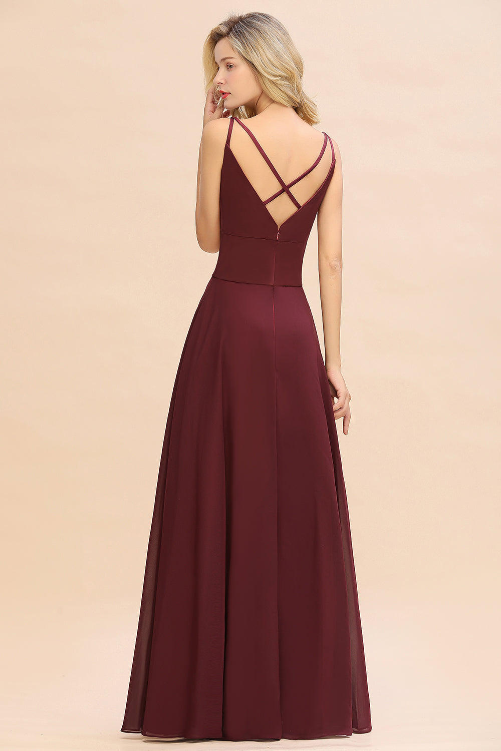 Simple Satin Chiffon Spaghetti-Straps Burgundy Long Bridesmaid Dresses