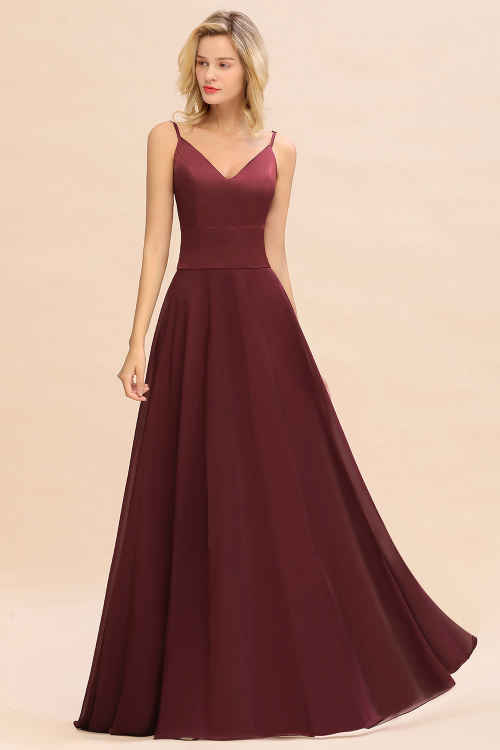 Simple Satin Chiffon Spaghetti-Straps Burgundy Long Bridesmaid Dresses