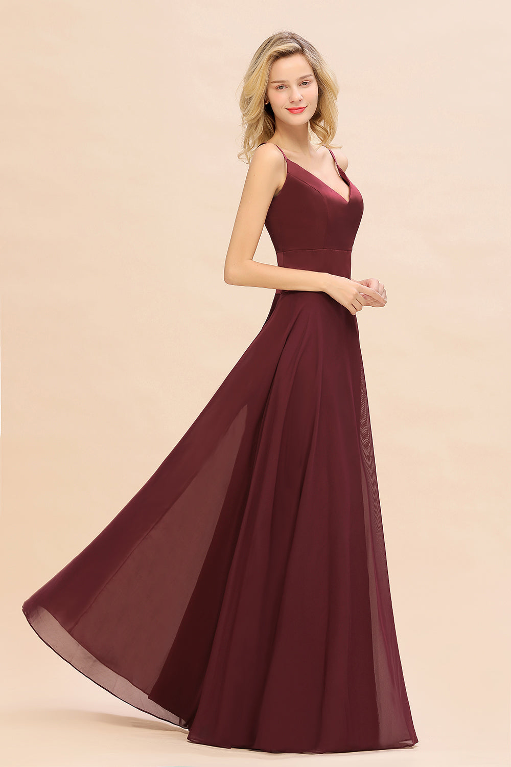 Simple Satin Chiffon Spaghetti-Straps Burgundy Long Bridesmaid Dresses