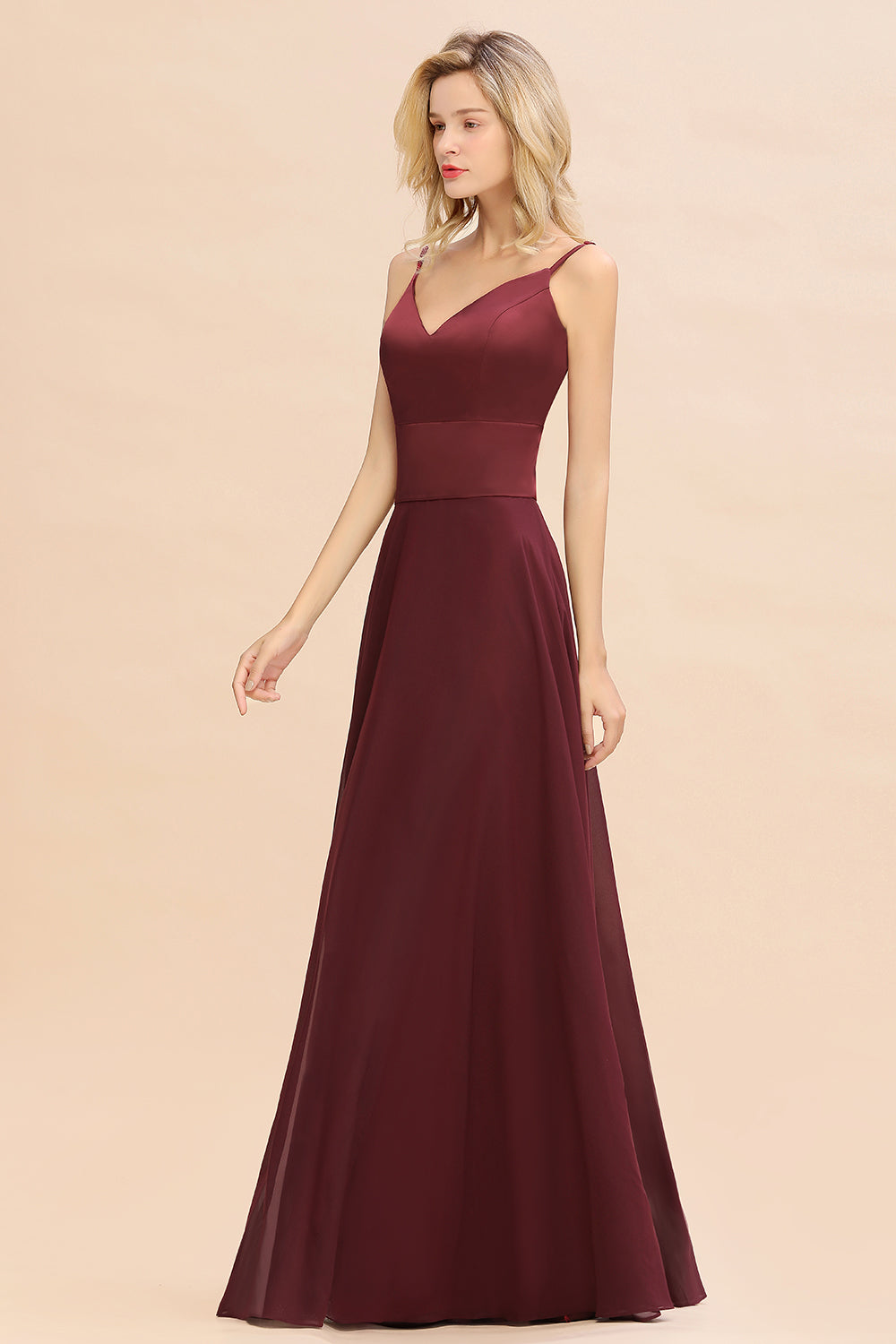 Simple Satin Chiffon Spaghetti-Straps Burgundy Long Bridesmaid Dresses