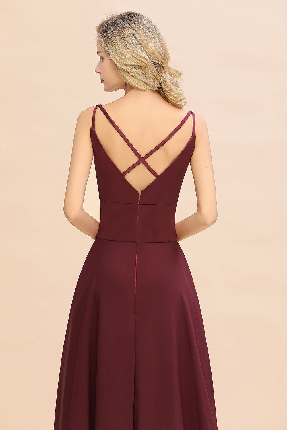 Simple Satin Chiffon Spaghetti-Straps Burgundy Long Bridesmaid Dresses