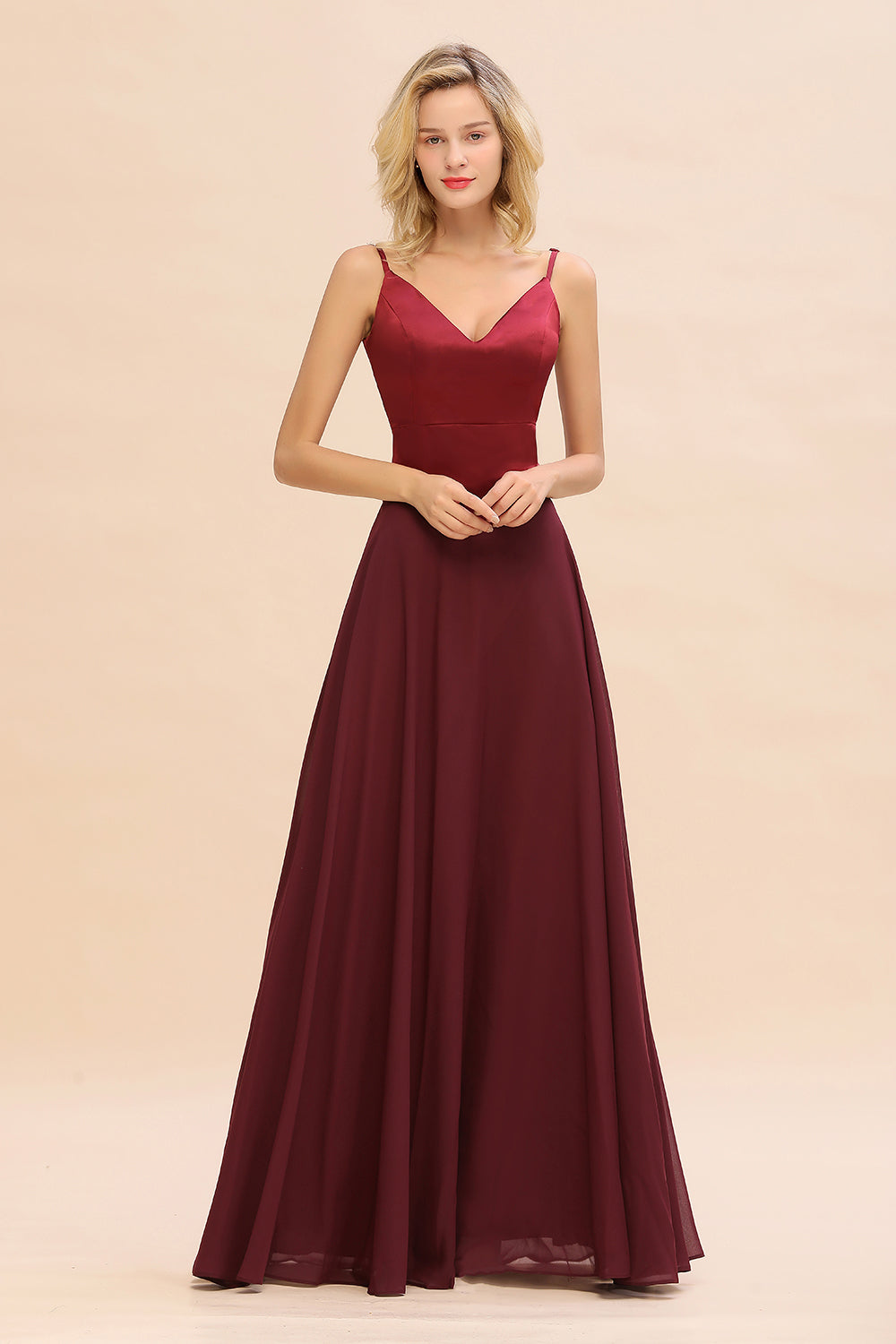 Simple Satin Chiffon Spaghetti-Straps Burgundy Long Bridesmaid Dresses