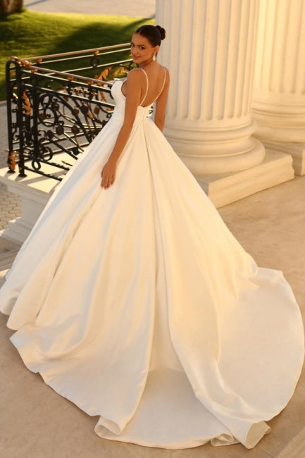 Simple Spaghetti Straps Sleeveless Ball Gown Satin Wedding Dress with Classic Silhouette