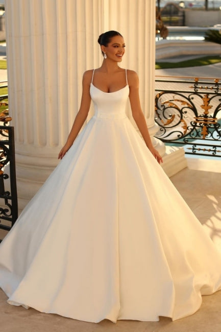 Simple Spaghetti Straps Sleeveless Ball Gown Satin Wedding Dress with Classic Silhouette