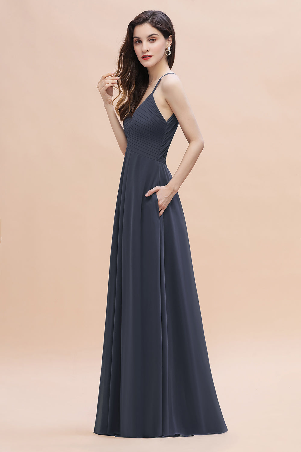 Simple Spaghetti Straps Stormy Chiffon Bridesmaid Dresses with Ruffles On Sale