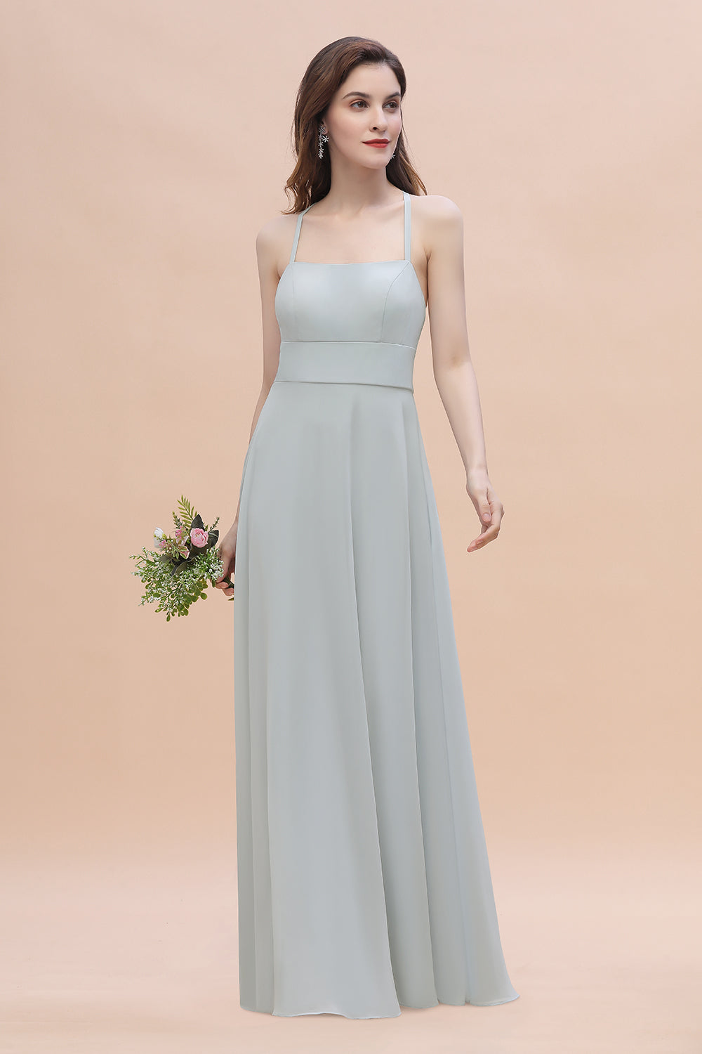 Simple Straps A-line Chiffon Mist Bridesmaid Dresses with Ruffles