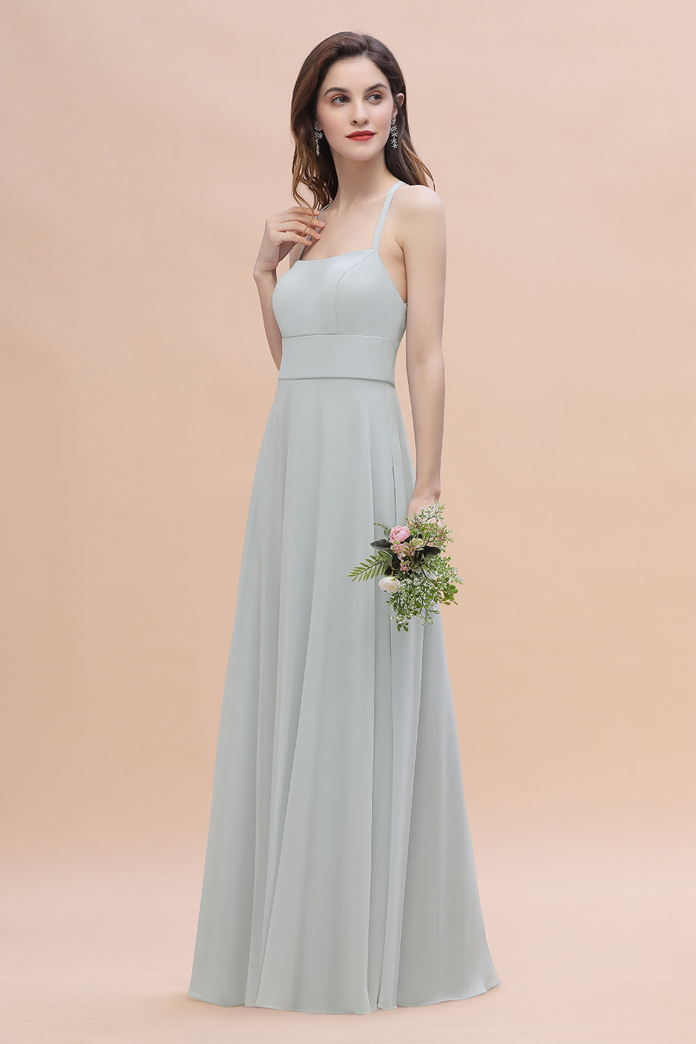 Simple Straps A-line Chiffon Mist Bridesmaid Dresses with Ruffles