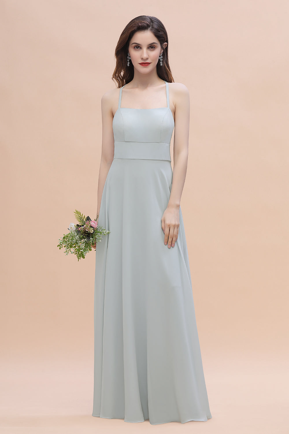 Simple Straps A-line Chiffon Mist Bridesmaid Dresses with Ruffles