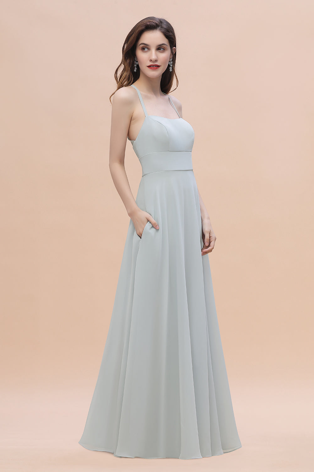 Simple Straps A-line Chiffon Mist Bridesmaid Dresses with Ruffles