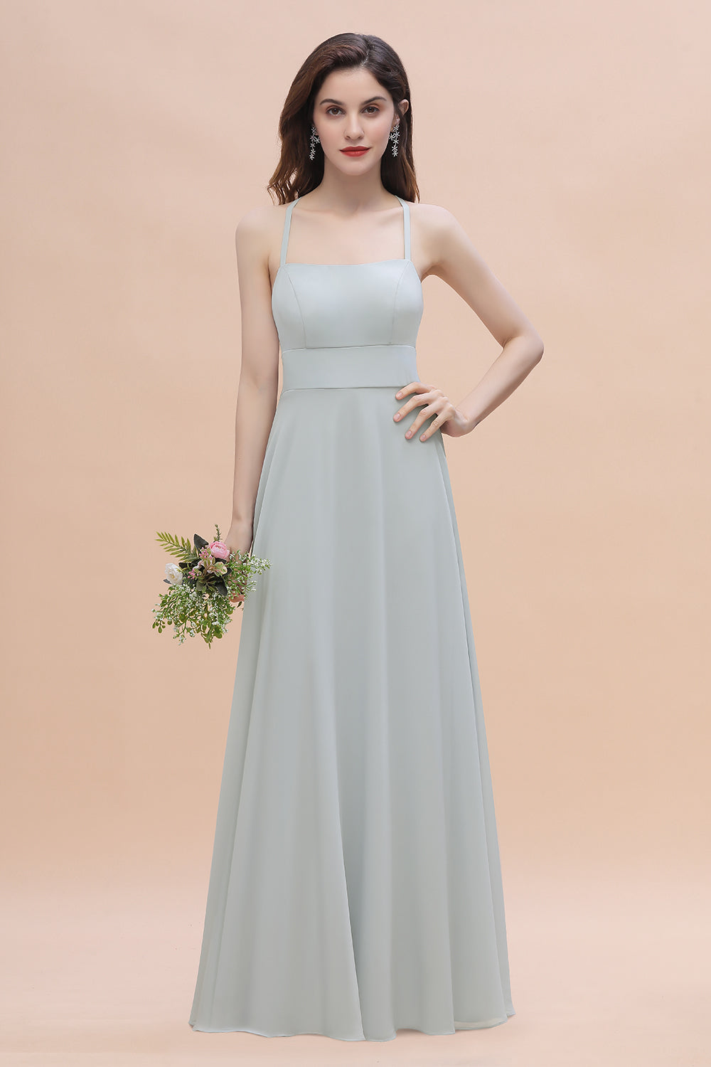 Simple Straps A-line Chiffon Mist Bridesmaid Dresses with Ruffles