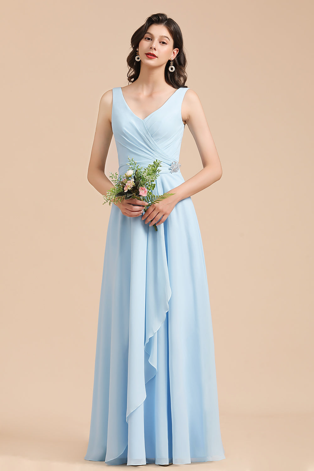 Sky Blue Chiffon Long Bridesmaid Dresses Ruched