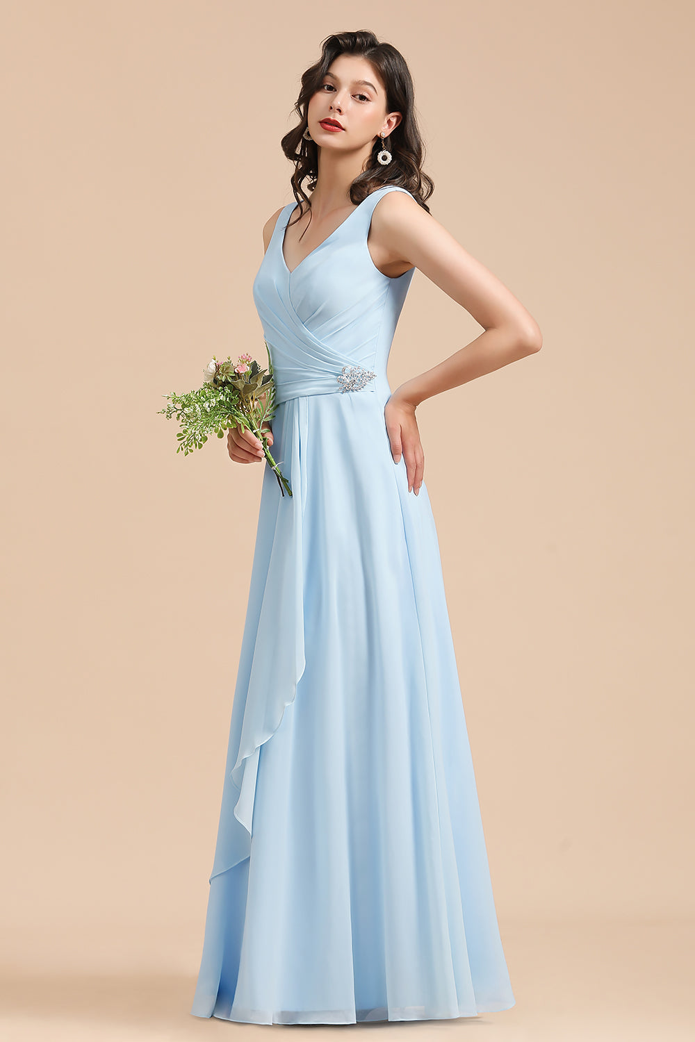 Sky Blue Chiffon Long Bridesmaid Dresses Ruched