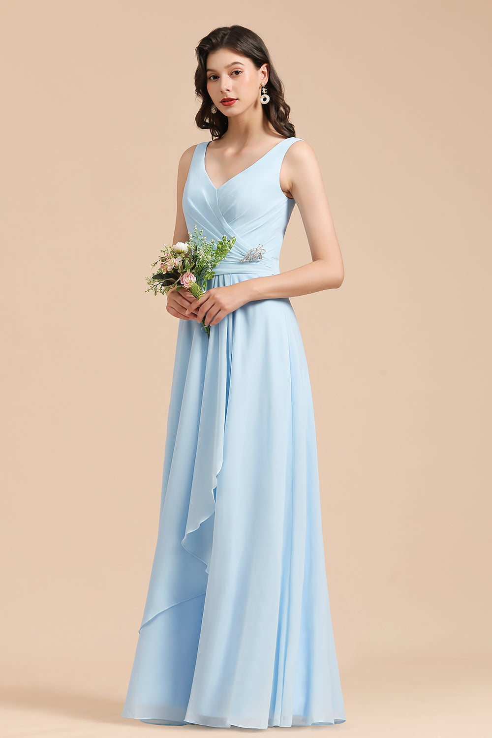 Sky Blue Chiffon Long Bridesmaid Dresses Ruched