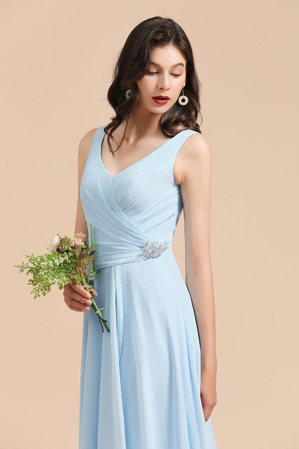 Sky Blue Chiffon Long Bridesmaid Dresses Ruched