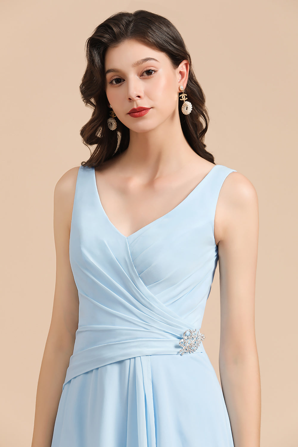 Sky Blue Chiffon Long Bridesmaid Dresses Ruched