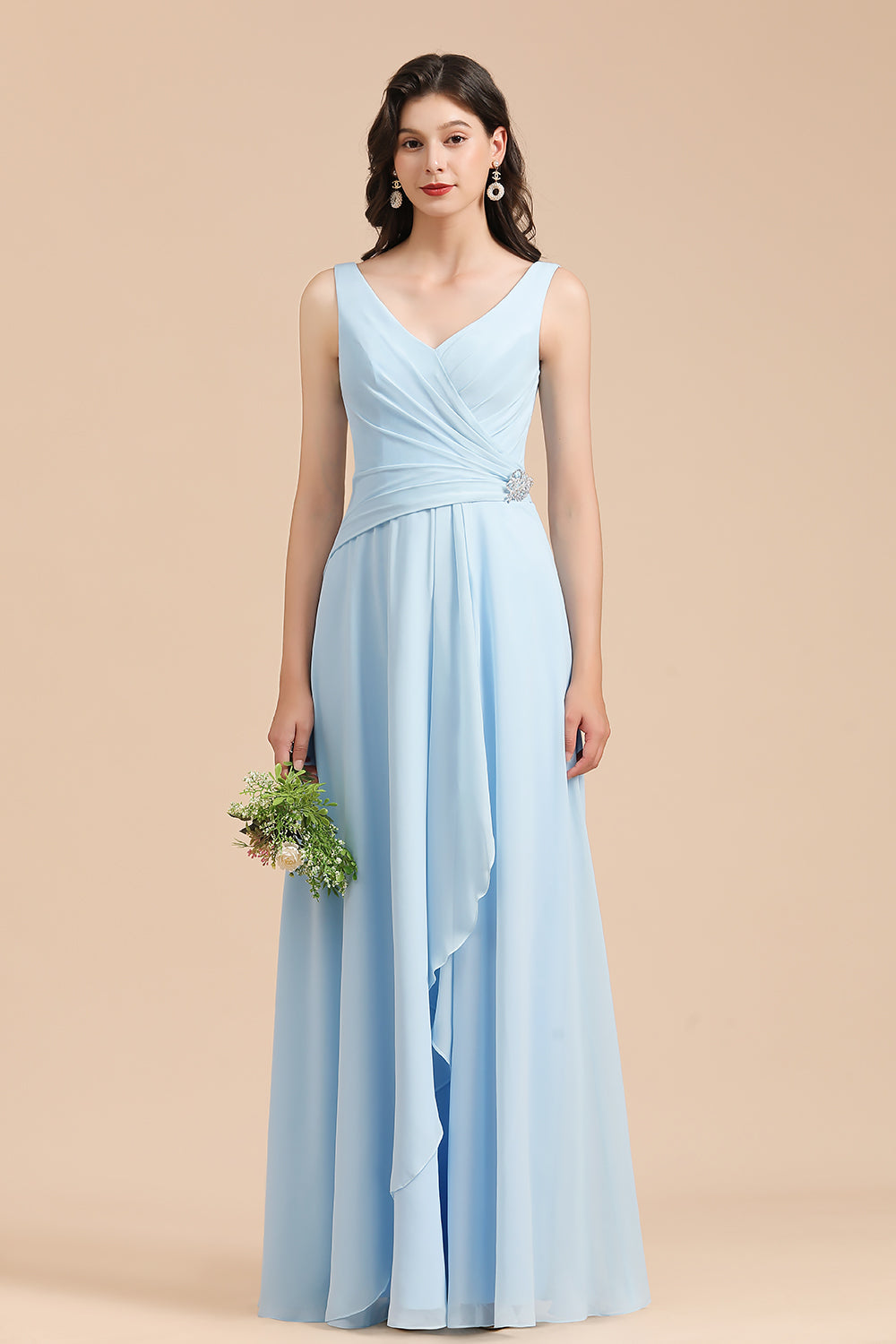 Sky Blue Chiffon Long Bridesmaid Dresses Ruched