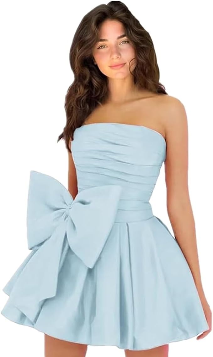 Sleeveless Ruched Short Homecoming Dresses Simple Mini Party Wear Dress with Bow