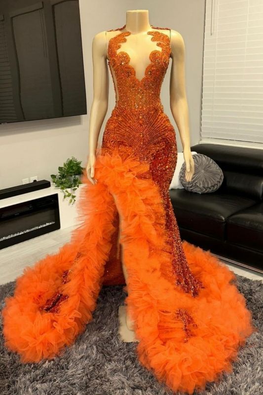 Sleeveless Orange Glitter Rhinestones Mermaid Prom Dress with Crew Neck and Side Split - Fashionpara