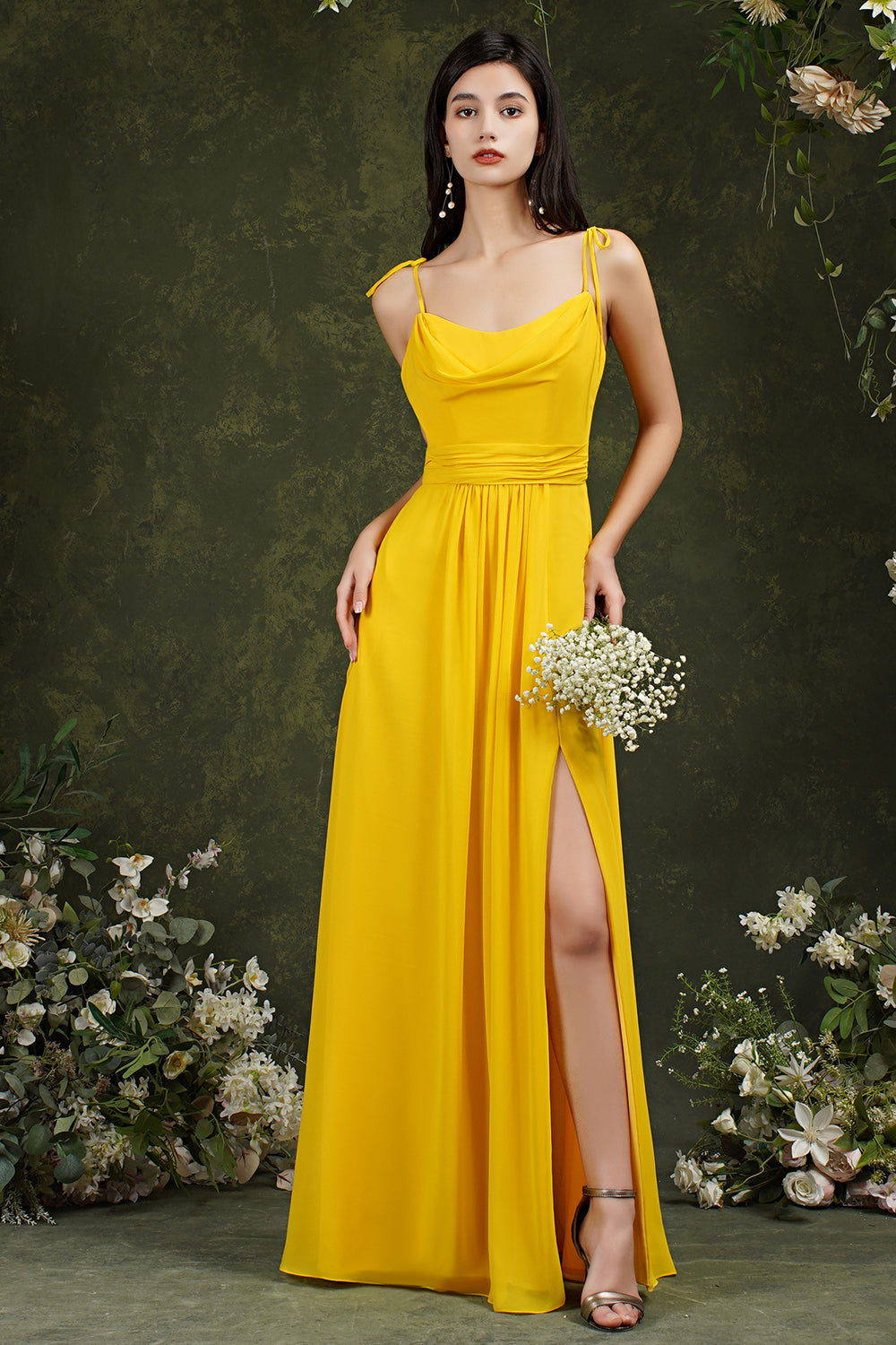 Spaghetti-Straps Bridesmaid Dresses Chiffon With Slit