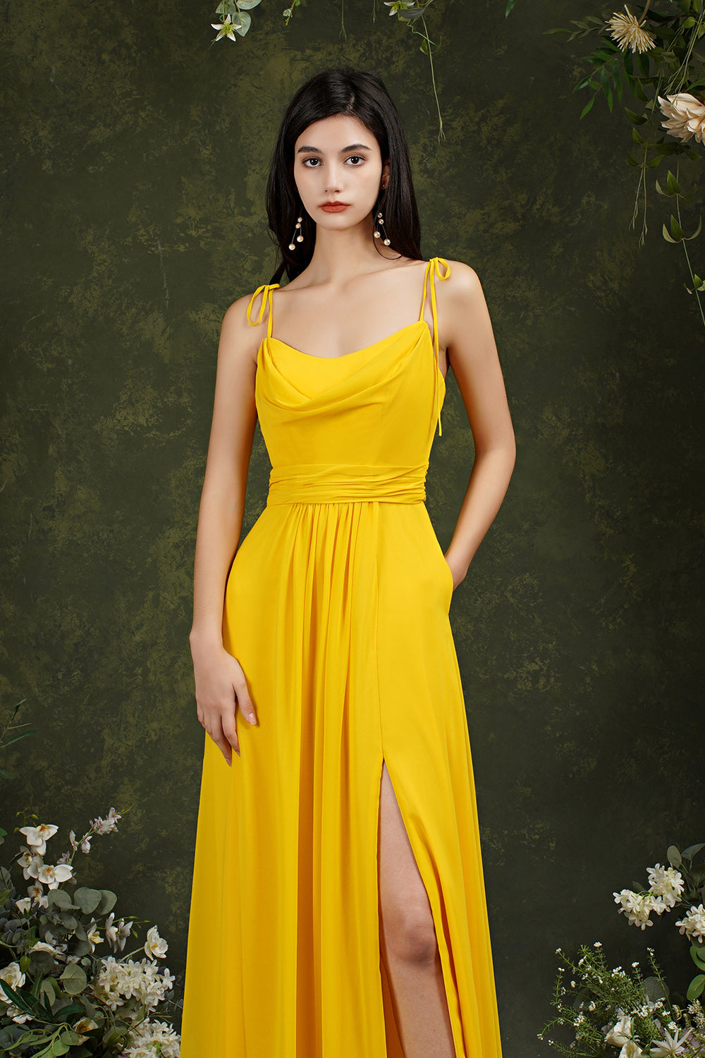 Spaghetti-Straps Bridesmaid Dresses Chiffon With Slit