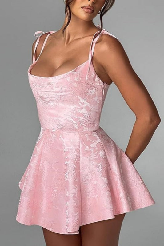 Spaghetti Straps Satin Mini Party Dress Jacquard Sleeveless Homecoming Dress