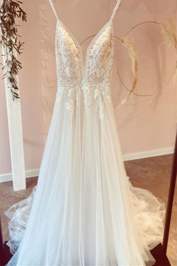 Spaghetti-Straps V-Neck Wedding Dress Tulle Long - Fashionpara