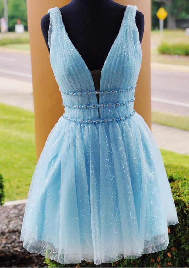 Sparkle in Style with A-Line V-Neck Sleeveless Tulle Short/Mini Homecoming Dress With Beading Glitter