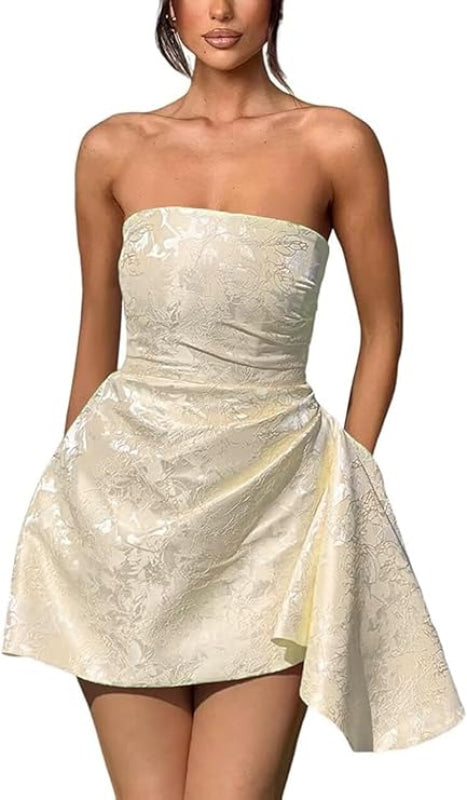 Ruched Satin Mini Party Dress Strapless Floral Jacquard Homecoming Dress with Pocket