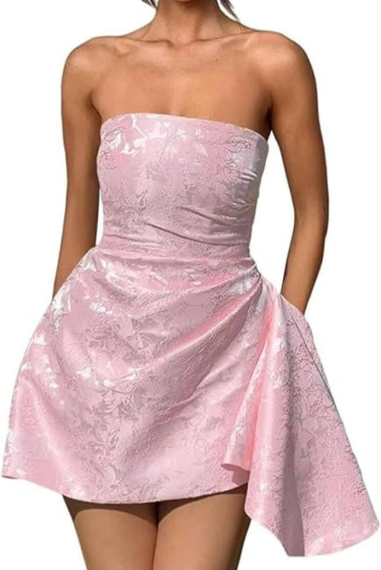 Ruched Satin Mini Party Dress Strapless Floral Jacquard Homecoming Dress with Pocket