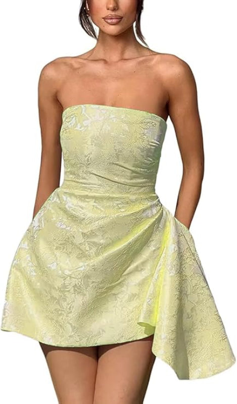 Ruched Satin Mini Party Dress Strapless Floral Jacquard Homecoming Dress with Pocket