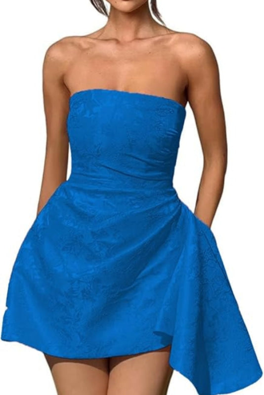 Ruched Satin Mini Party Dress Strapless Floral Jacquard Homecoming Dress with Pocket