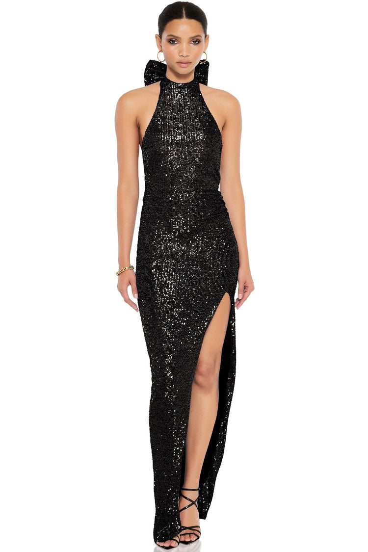 Sparkly Bow Halter Open Back Sleeveless Split Sequin Evening Maxi Dress