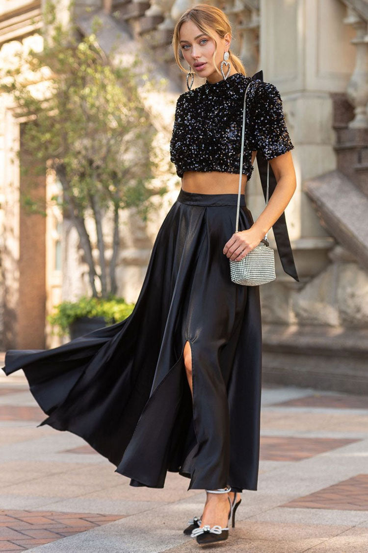 Sparkly Bow Trim Sequin Crop Top Satin Split Skirt Two Piece Maxi Dress - Black - Fashionpara