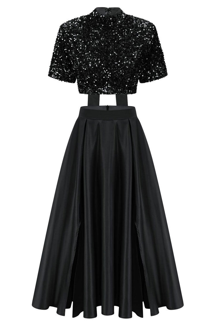 Sparkly Bow Trim Sequin Crop Top Satin Split Skirt Two Piece Maxi Dress - Black - Fashionpara