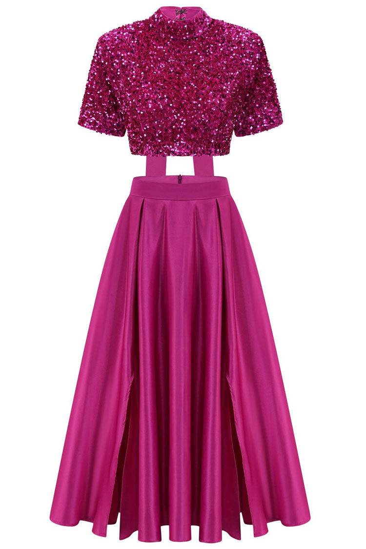 Sparkly Bow Trim Sequin Crop Top Satin Split Skirt Two Piece Maxi Dress - Hot Pink - Fashionpara