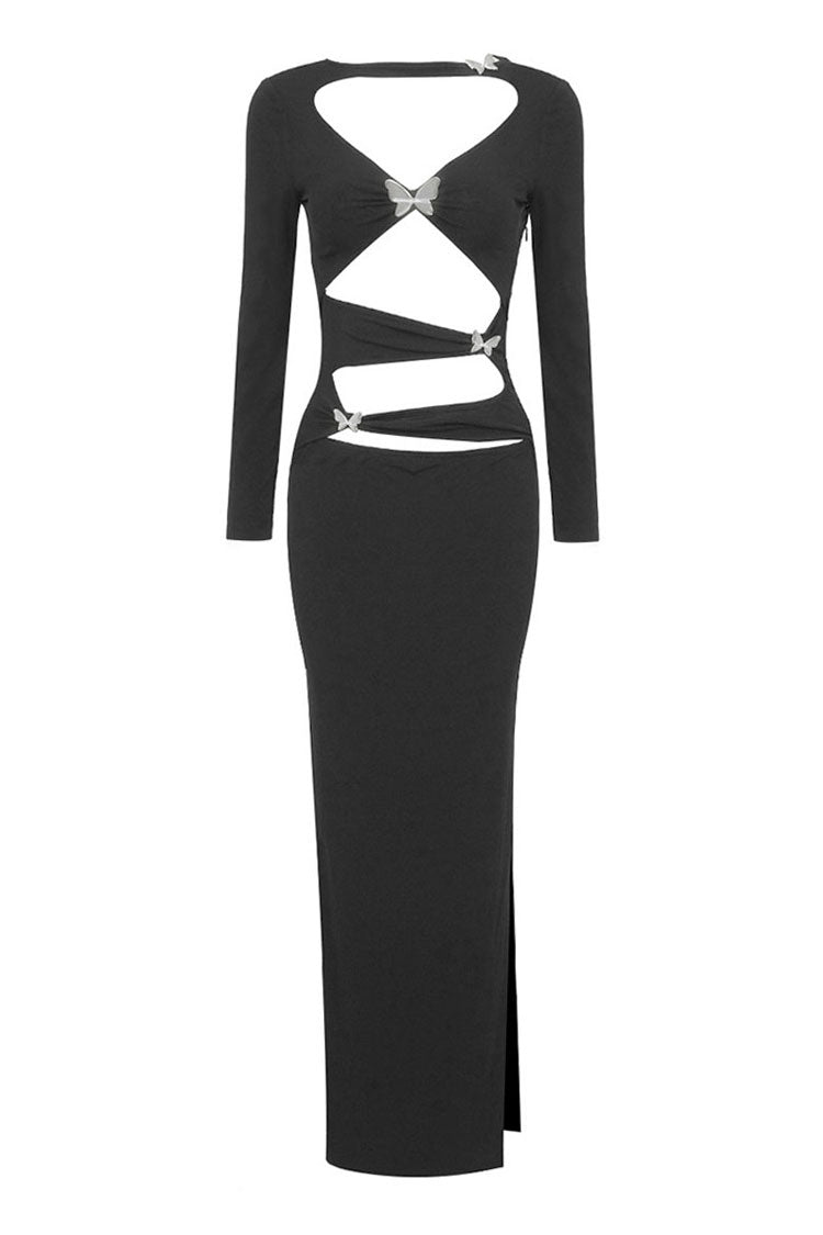 Sparkly Butterfly Long Sleeve Ruched Cutout Bodycon Evening Maxi Dress - Fashionpara