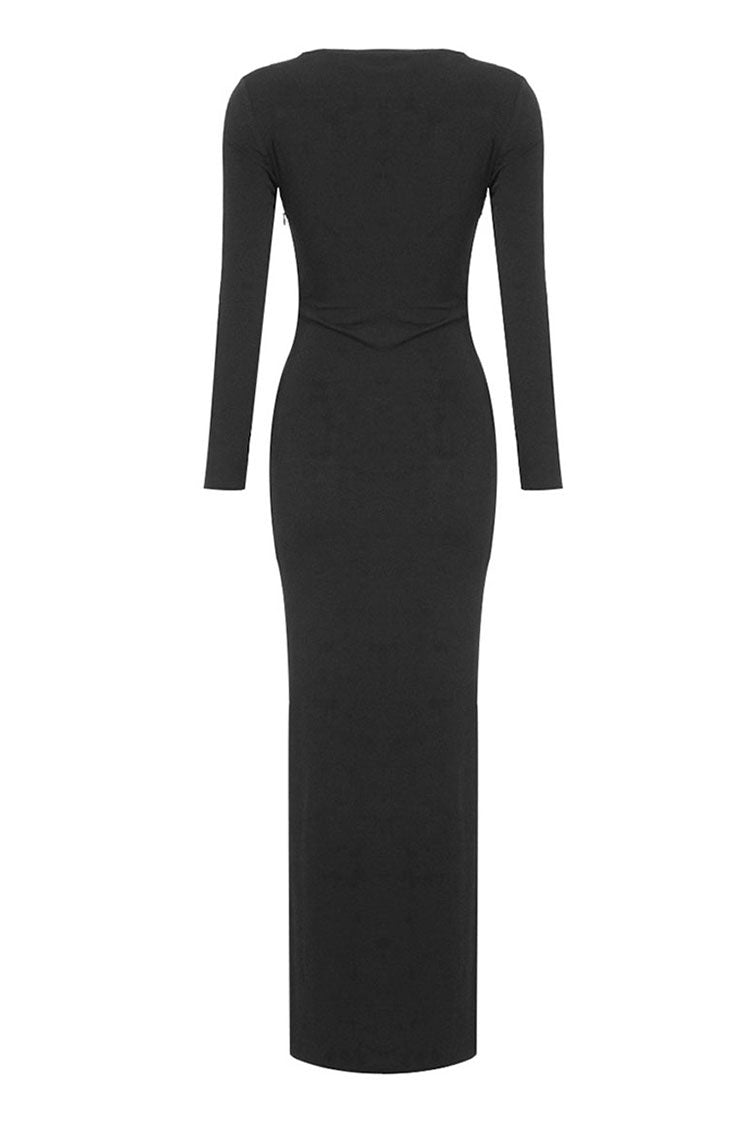 Sparkly Butterfly Long Sleeve Ruched Cutout Bodycon Evening Maxi Dress - Fashionpara