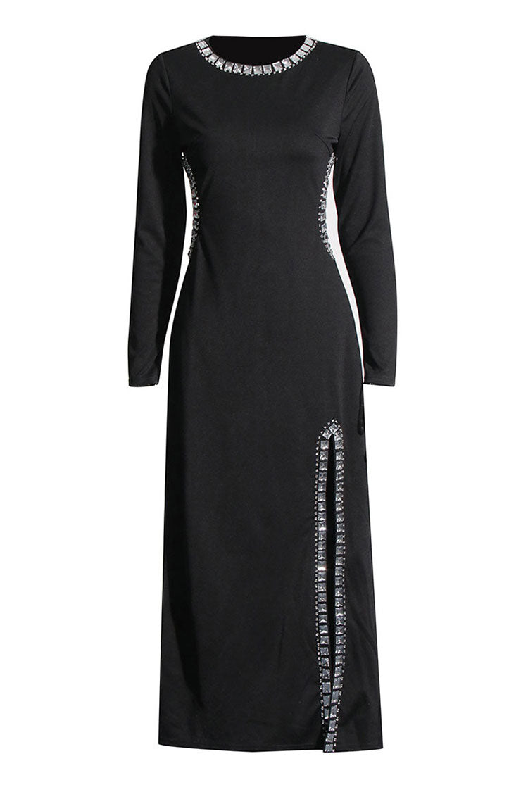 Sparkly Crew Neck Cutout Long Sleeve Split Rhinestone Evening Maxi Dress - Fashionpara