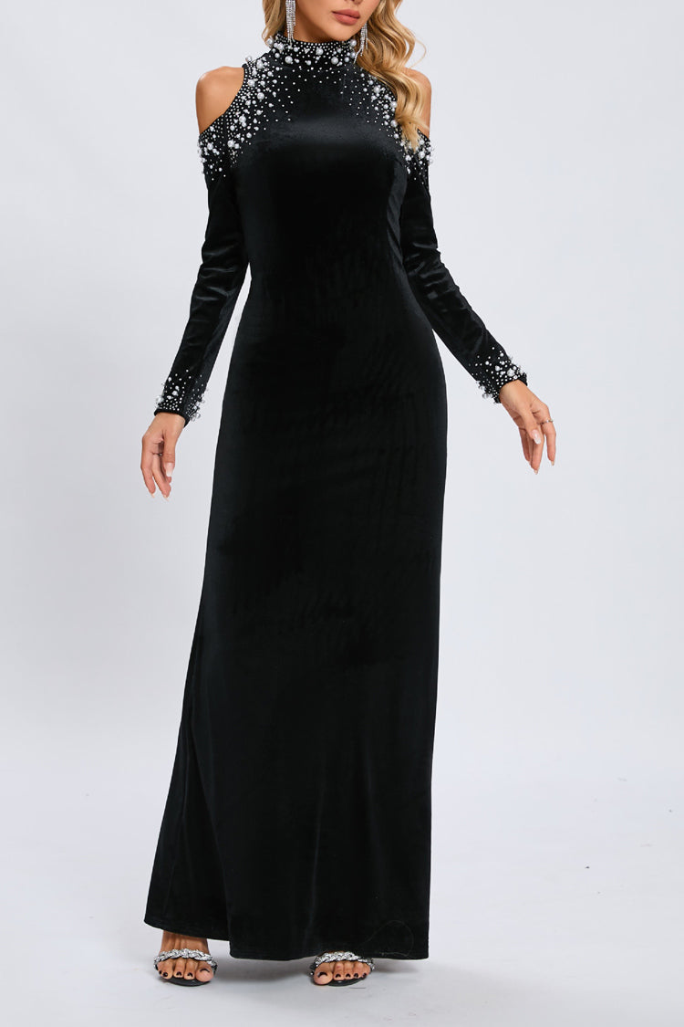 Sparkly Crystal Faux Pearl Cold Shoulder Long Sleeve Velvet Evening Maxi Dress