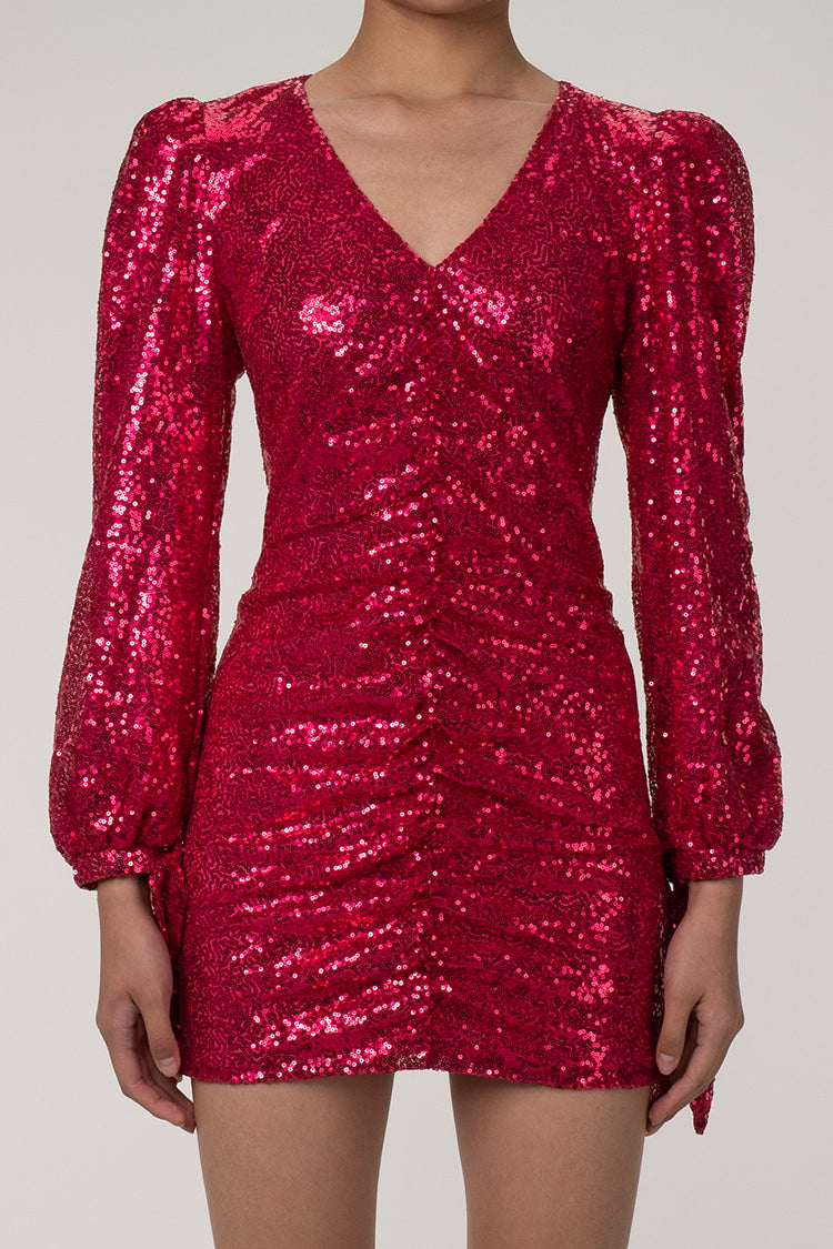 Sparkly Deep V Bow Tie Puff Sleeve Ruched Bodycon Sequin Party Mini Dress - Hot Pink