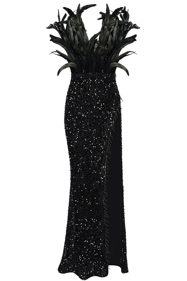 Sparkly Deep V Feather Trim Sequin High Waist Thigh Split Evening Maxi Dress - Black - Fashionpara