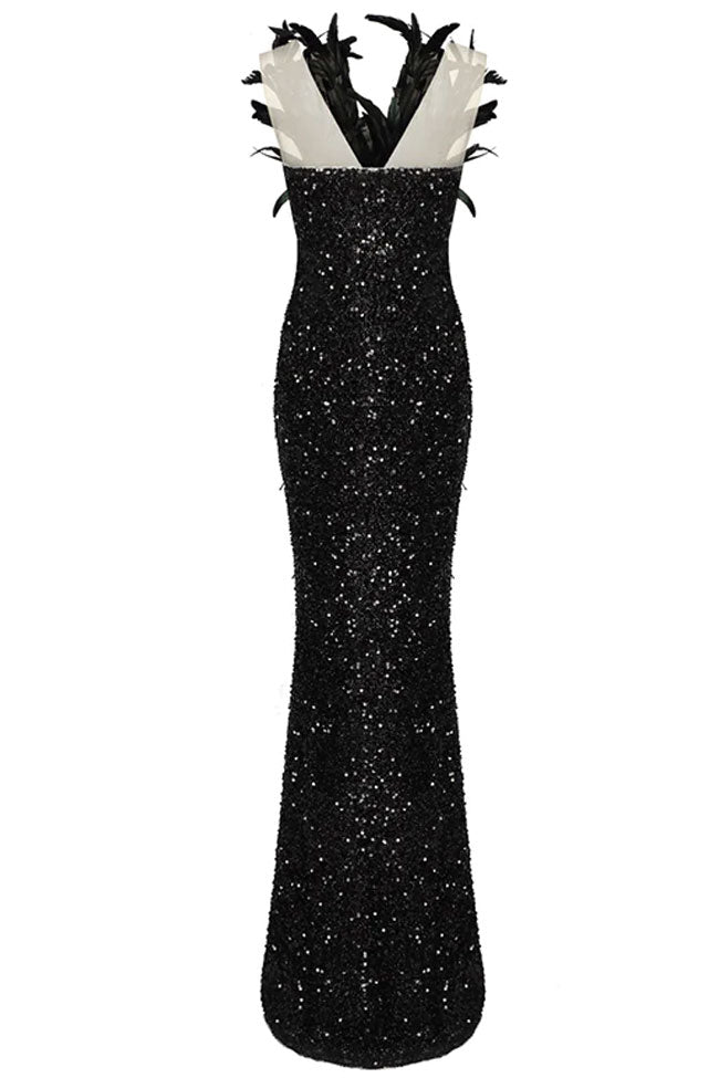 Sparkly Deep V Feather Trim Sequin High Waist Thigh Split Evening Maxi Dress - Black - Fashionpara