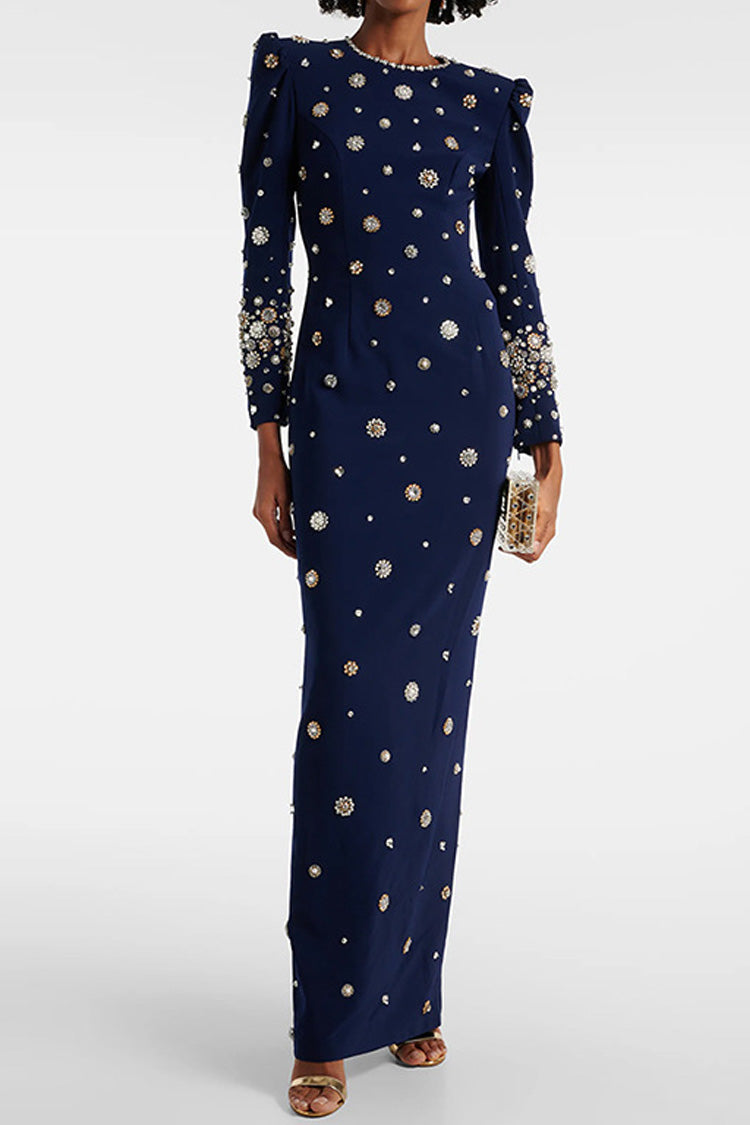 Sparkly Embellished Crew Neck Padded Shoulder Crepe Evening Maxi Dress